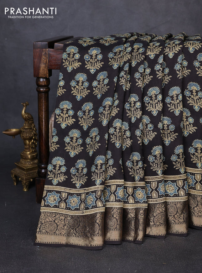 Dola silk saree indigo blue and black with allover ajrakh prints and zari woven border