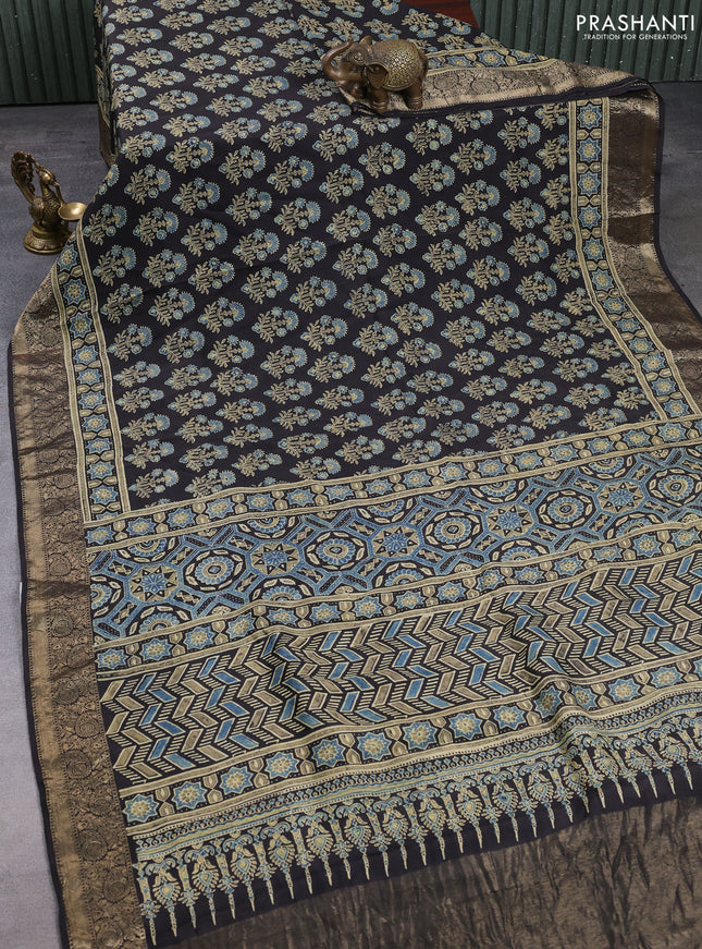 Dola silk saree indigo blue and black with allover ajrakh prints and zari woven border