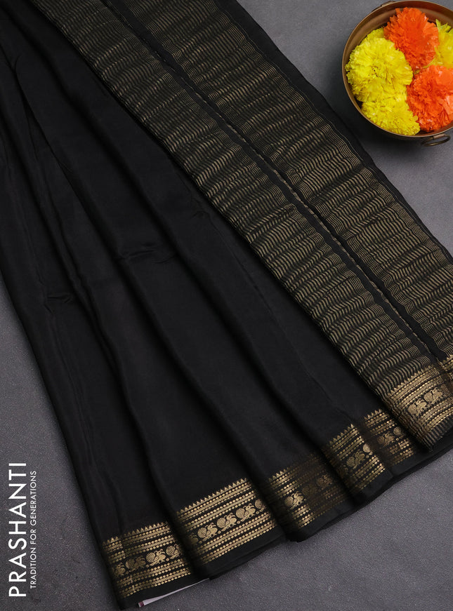 Semi mysore silk saree black with plain body and zari woven border