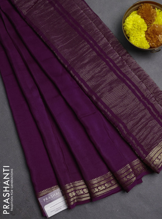 Semi mysore silk saree wine shade with plain body and zari woven border