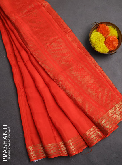 Semi mysore silk saree orange with plain body and zari woven border