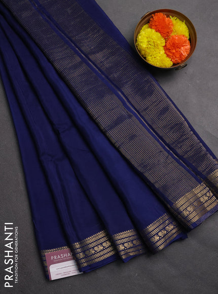 Semi mysore silk saree navy blue with plain body and zari woven border