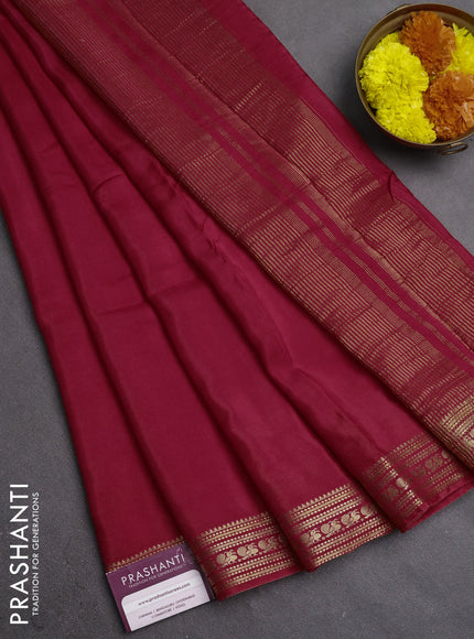Semi mysore silk saree red with plain body and zari woven border