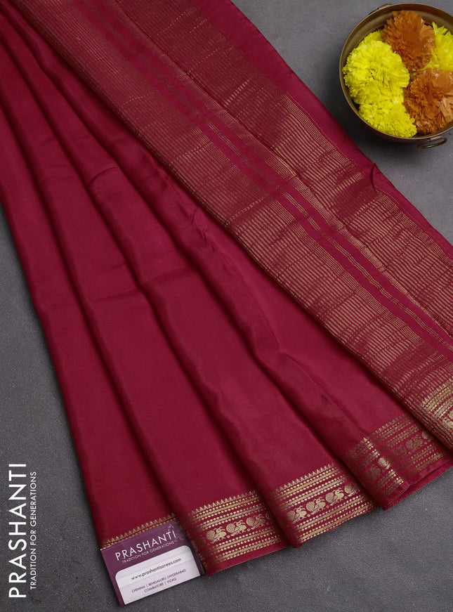 Semi mysore silk saree red with plain body and zari woven border