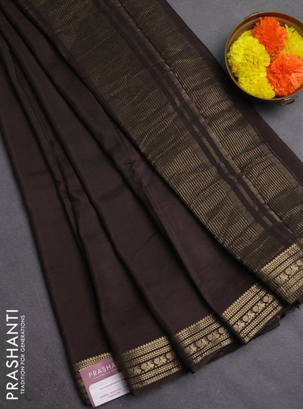 Semi mysore silk saree coffee brown with plain body and zari woven border