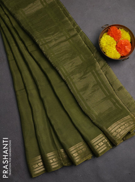 Semi mysore silk saree mehendi green with plain body and zari woven border