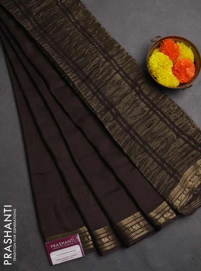 Semi mysore silk saree coffee brown with plain body and zari woven border