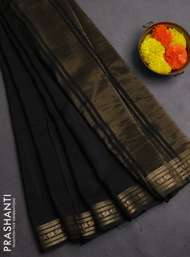 Semi mysore silk saree black with plain body and zari woven border
