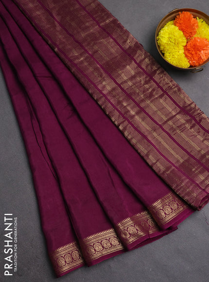 Semi mysore silk saree wine shade with plain body and temple design zari woven border