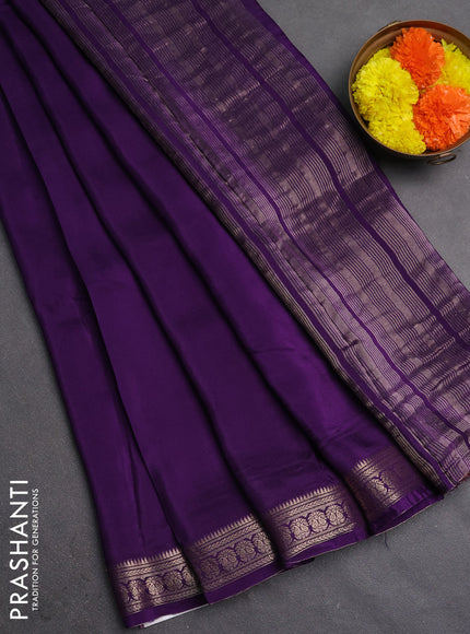 Semi mysore silk saree deep violet with plain body and temple design zari woven border