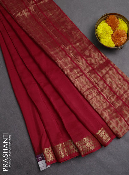 Semi mysore silk saree red with plain body and temple design zari woven border