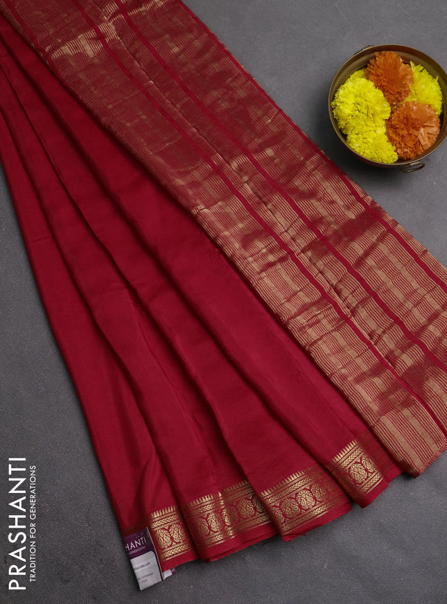 Semi mysore silk saree red with plain body and temple design zari woven border