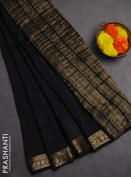 Semi mysore silk saree black with plain body and temple design zari woven border