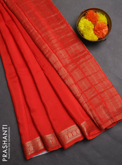 Semi mysore silk saree orange with plain body and temple design zari woven border