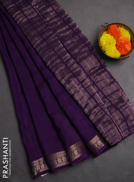 Semi mysore silk saree violet with plain body and temple design zari woven border