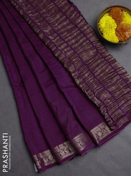 Semi mysore silk saree wine shade with plain body and temple design zari woven border