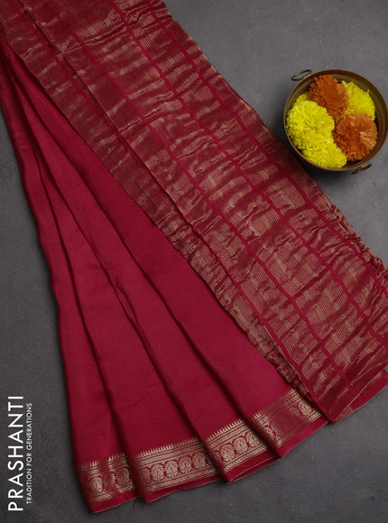 Semi mysore silk saree red with plain body and temple design zari woven border