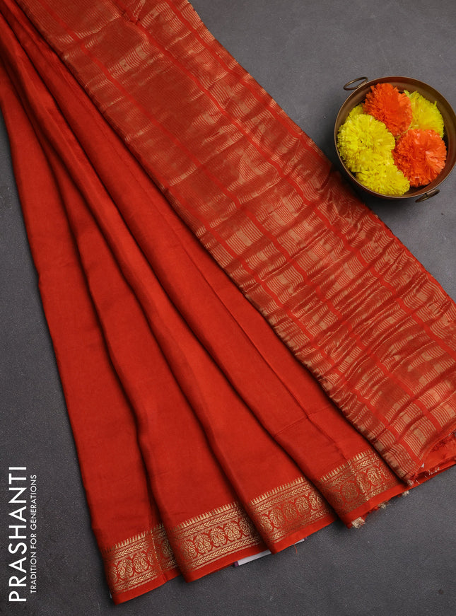 Semi mysore silk saree rustic orange with plain body and temple design zari woven border
