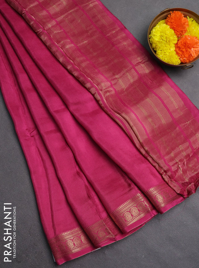 Semi mysore silk saree mauve pink with plain body and temple design zari woven border