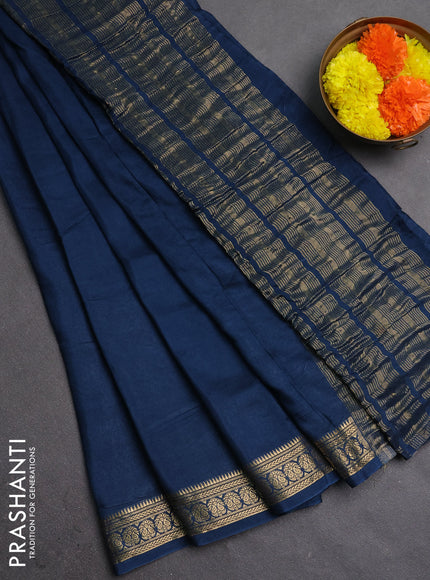 Semi mysore silk saree peacock blue with plain body and temple design zari woven border