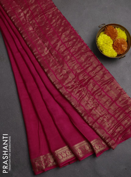Semi mysore silk saree pink with plain body and temple design zari woven border