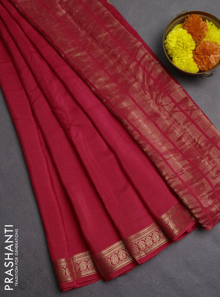Semi mysore silk saree red with plain body and temple design zari woven border