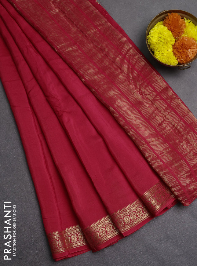 Semi mysore silk saree red with plain body and temple design zari woven border