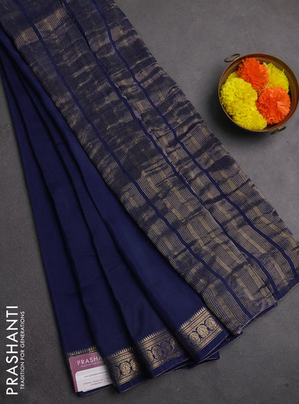 Semi mysore silk saree navy blue with plain body and temple design zari woven border