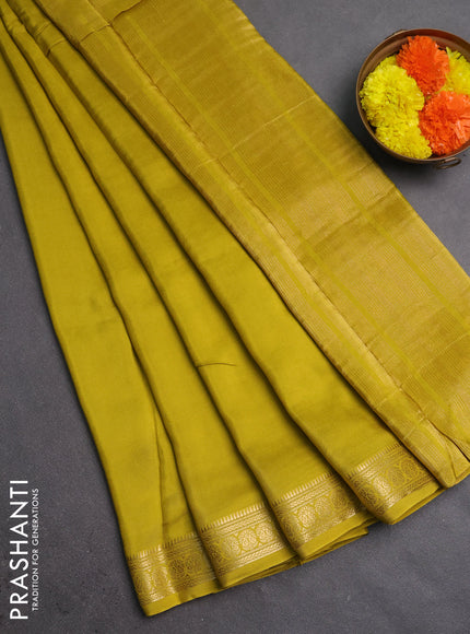 Semi mysore silk saree mustard yellow with plain body and temple design zari woven border