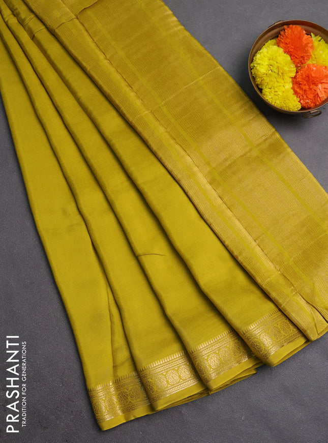 Semi mysore silk saree mustard yellow with plain body and temple design zari woven border