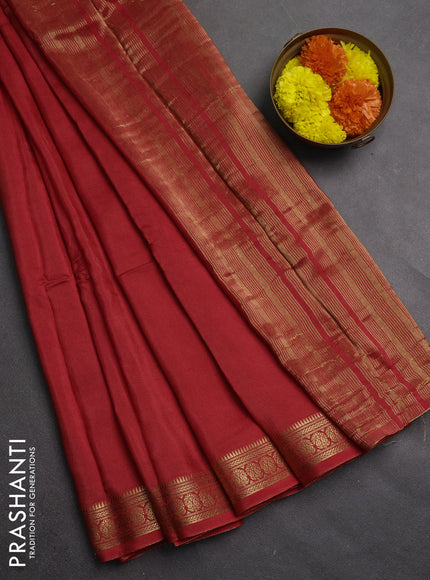 Semi mysore silk saree red with plain body and temple design zari woven border