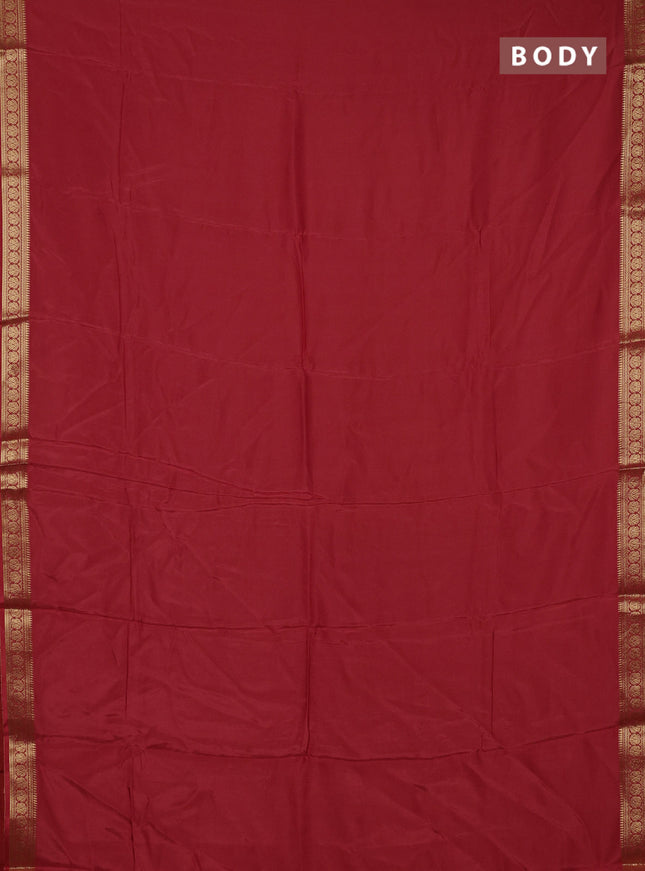 Semi mysore silk saree red with plain body and temple design zari woven border