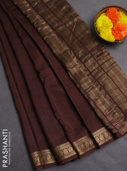 Semi mysore silk saree coffee brown with plain body and temple design zari woven border