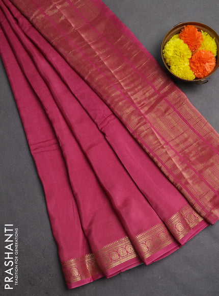 Semi mysore silk saree mauve pink with plain body and temple design zari woven border