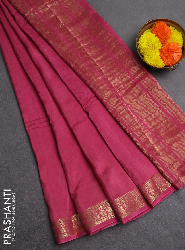 Semi mysore silk saree mauve pink with plain body and temple design zari woven border