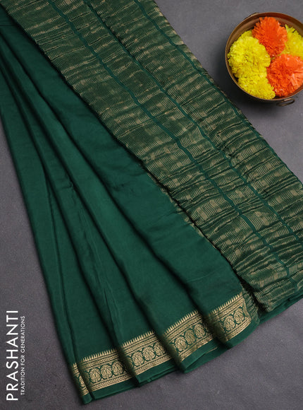 Semi mysore silk saree green with plain body and temple design zari woven border