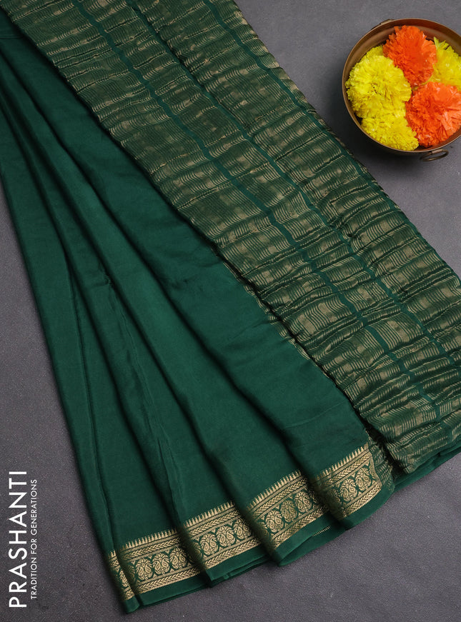 Semi mysore silk saree green with plain body and temple design zari woven border