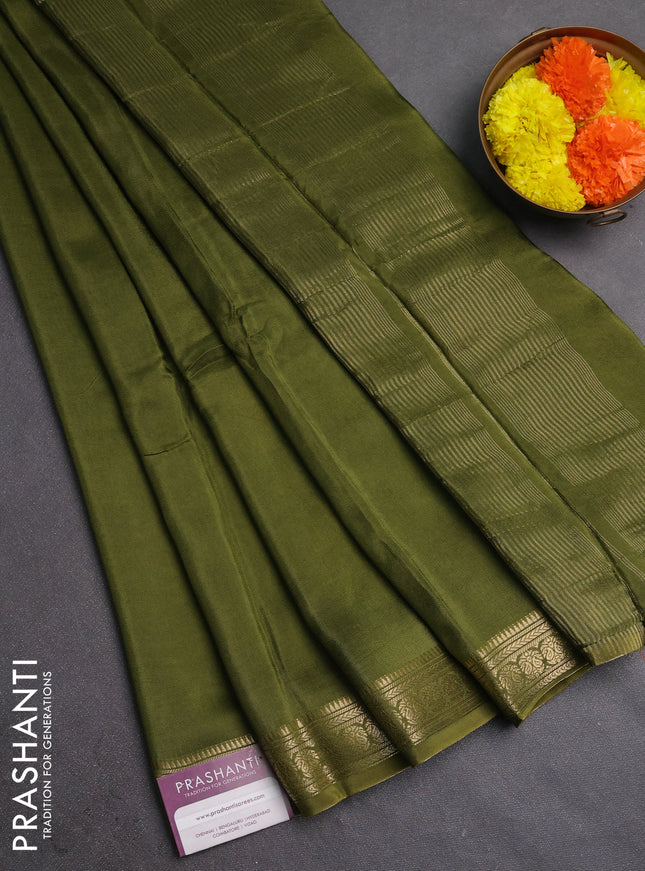 Semi mysore silk saree mehendi green with plain body and temple design zari woven border