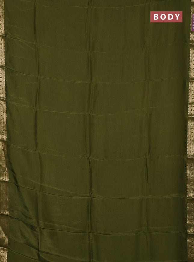 Semi mysore silk saree mehendi green with plain body and temple design zari woven border