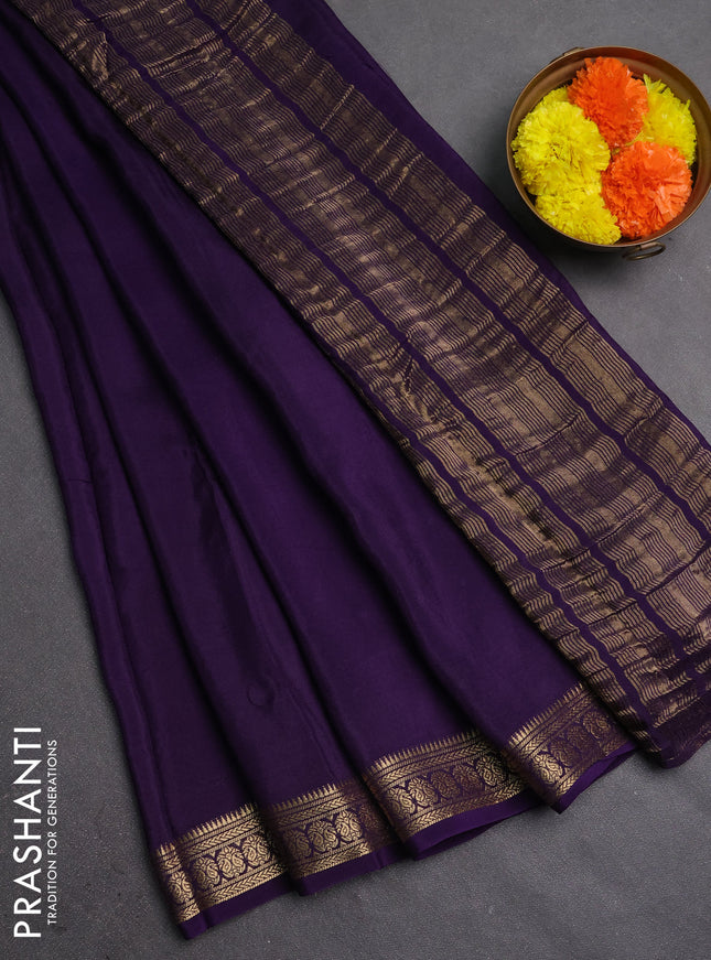 Semi mysore silk saree deep violet with plain body and temple design zari woven border
