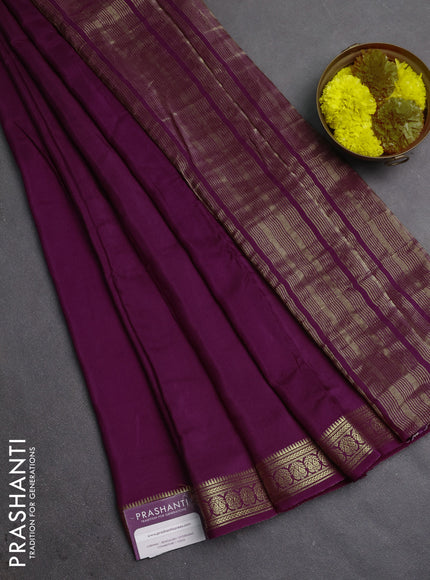 Semi mysore silk saree wine shade with plain body and temple design zari woven border