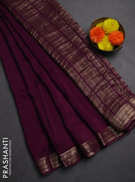 Semi mysore silk saree wine shade with plain body and temple design zari woven border