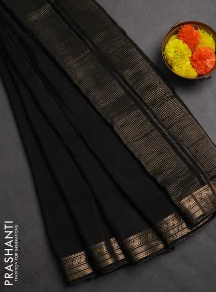 Semi mysore silk saree black with plain body and temple design zari woven border