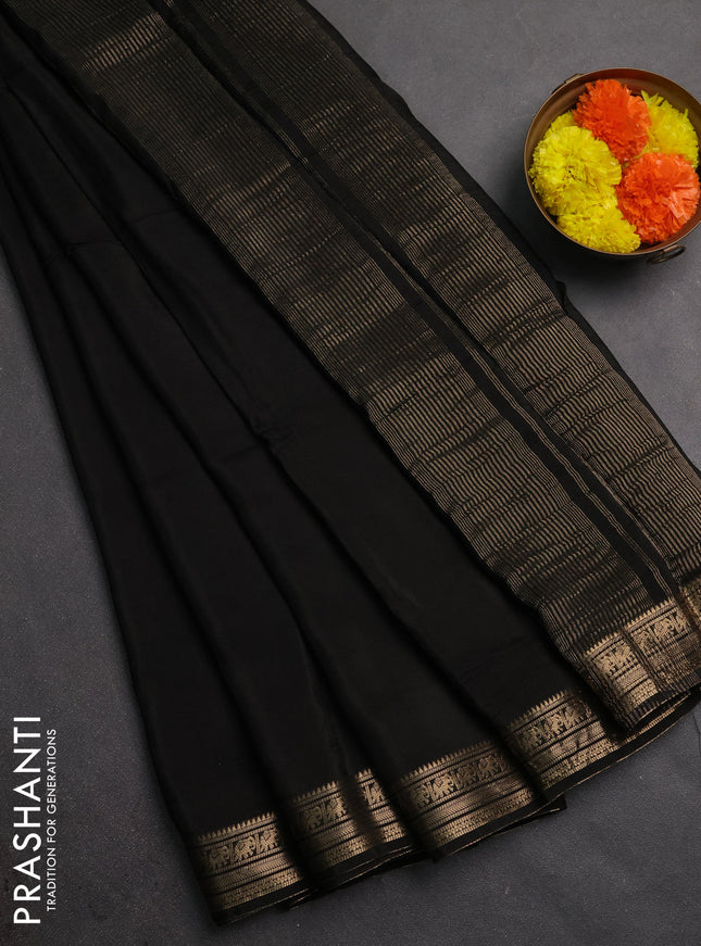 Semi mysore silk saree black with plain body and temple design zari woven border