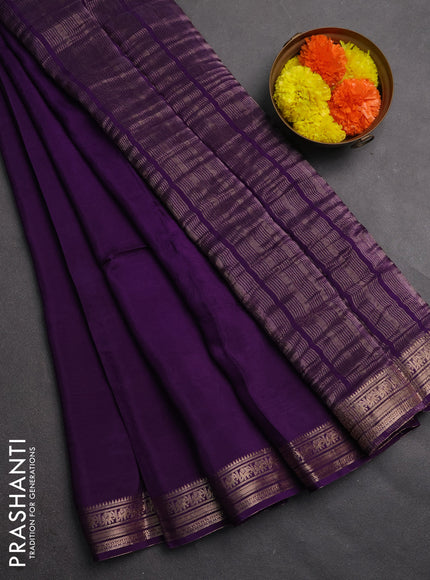Semi mysore silk saree violet with plain body and temple design zari woven border
