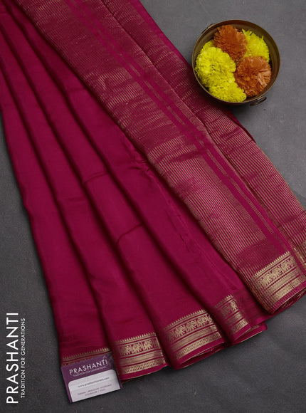 Semi mysore silk saree pink with plain body and temple design zari woven border