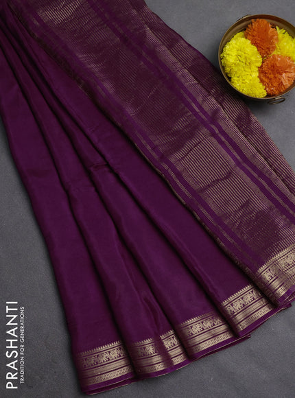 Semi mysore silk saree wine shade with plain body and temple design zari woven border