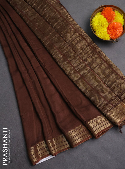 Semi mysore silk saree brown with plain body and temple design zari woven border