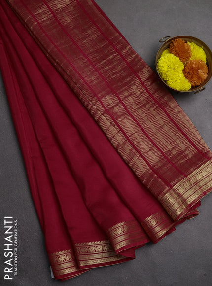 Semi mysore silk saree red with plain body and temple design zari woven border