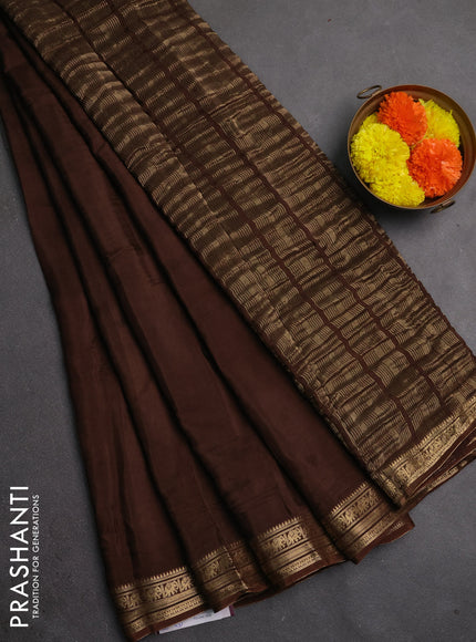 Semi mysore silk saree coffee brown with plain body and temple design zari woven border